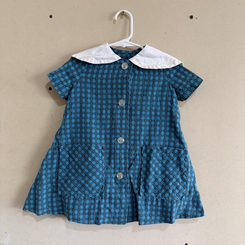 Vintage Teal & Charcoal Gray Gingham Sailor Collar Dress Tunic 3T